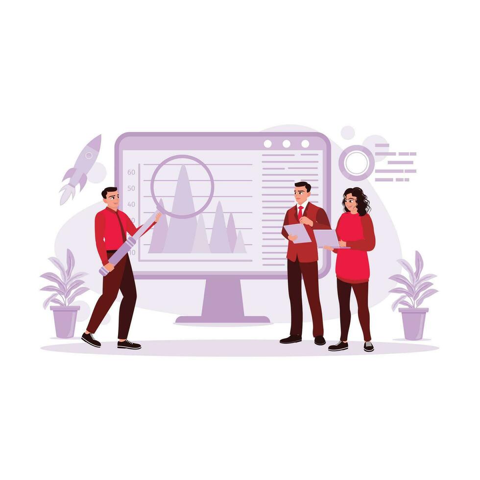 The business team has work meetings in the office, discussing, brainstorming, looking at graphic presentations and taking notes. Trend Modern vector flat illustration.