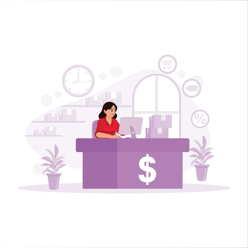 Young business woman, an SME business owner, taking online orders and ready to deliver to the city with packages. Trend Modern vector flat illustration.