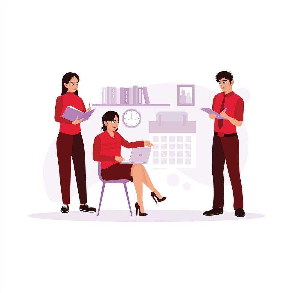 The serious situation between two women and one man. Discussing and exchanging ideas about business in an office with lots of books and wall clocks. One woman is sitting while opening a laptop, vector