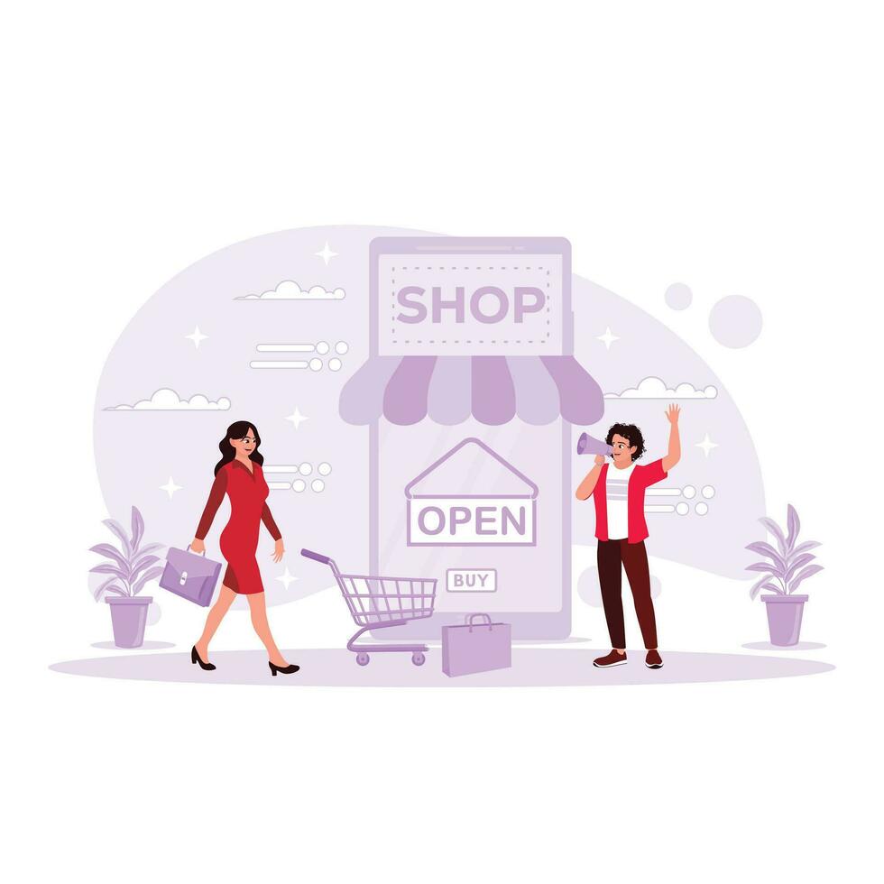 hermosa mujer caminando y un vendedora haciendo promoción. teléfono inteligente antecedentes con un en línea compras almacenar. en línea Tienda concepto y Clásico estilo. tendencia moderno vector plano ilustración.