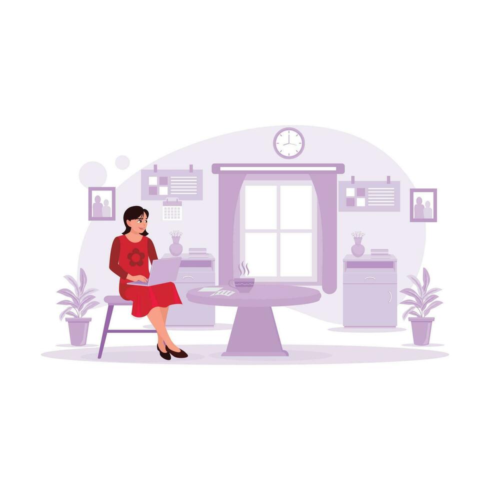 Young female blogger, working on a laptop at home and enjoying a cup of hot coffee at the table. Trend Modern vector flat illustration.