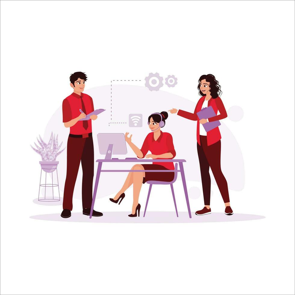 The business team consists of one man and two women discussing and exchanging ideas. in an office complete with a desk, computer, and flowers. Each carries a book and pen, vector