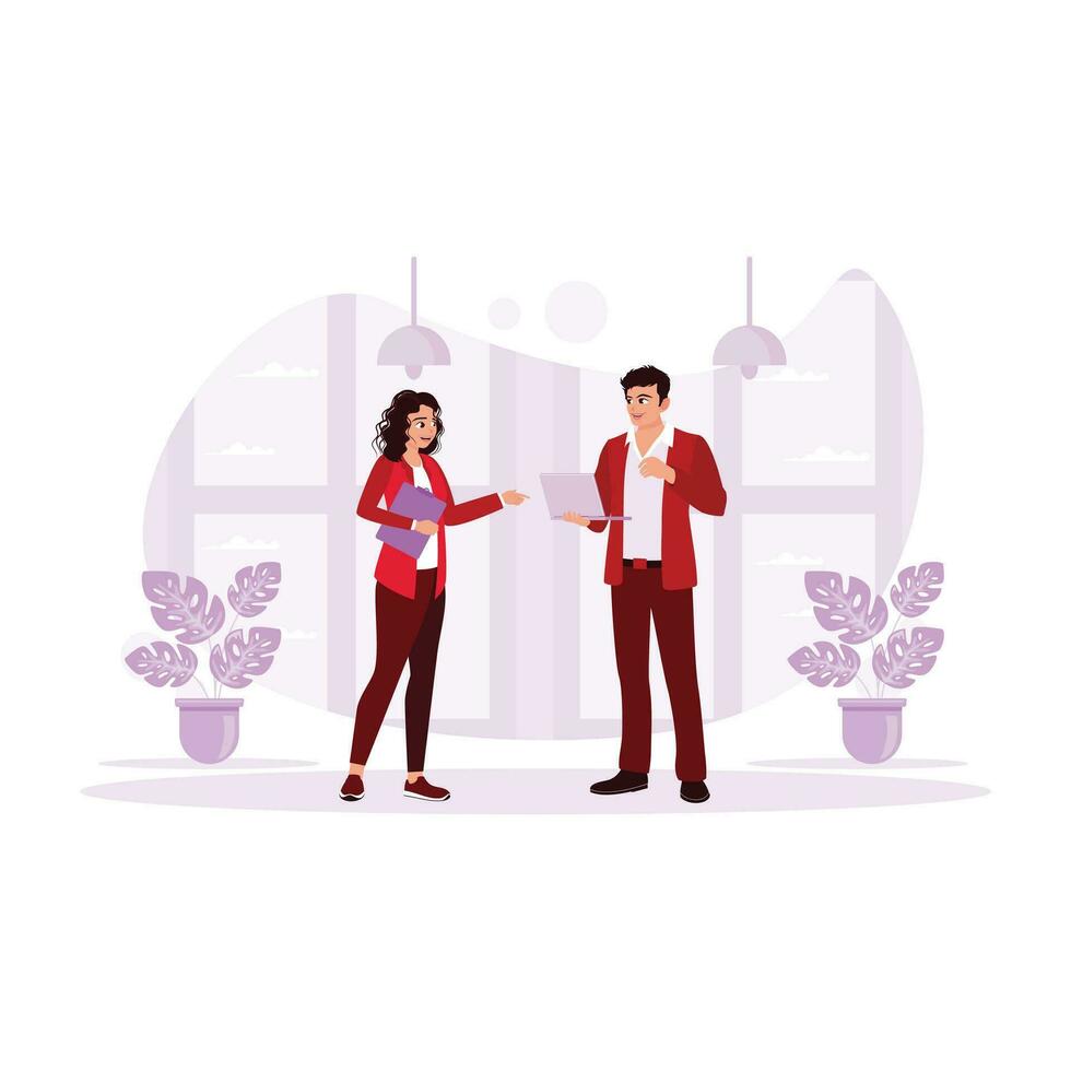Two office colleagues are standing and discussing business projects with laptops in their hands. Trend Modern vector flat illustration.