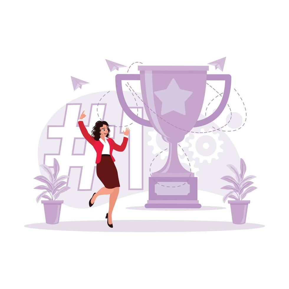 The Businesswoman jumped enthusiastically, celebrating success in first place with the big trophies. Trend Modern vector flat illustration.