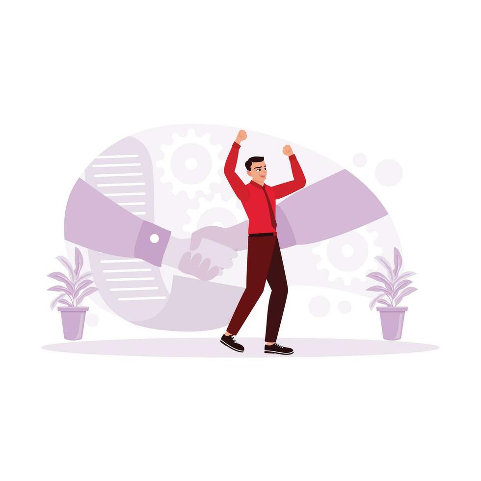 Concept of making a deal and shaking hands. Partnership, business cooperation concept. A gesture of celebration of people who successfully get the project. Trend modern vector flat illustration.