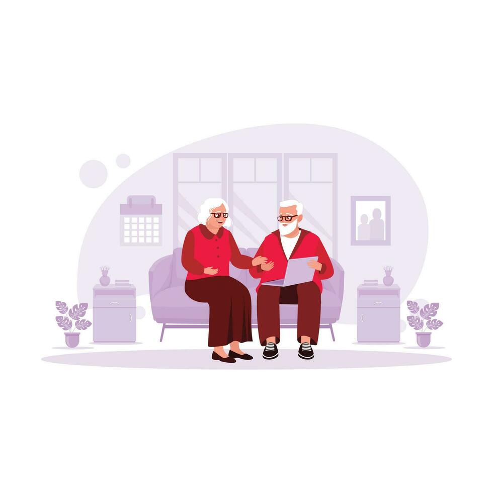 Elderly couple sitting in the living room, watching and enjoying funny memories videos via laptop. Trend Modern vector flat illustration.