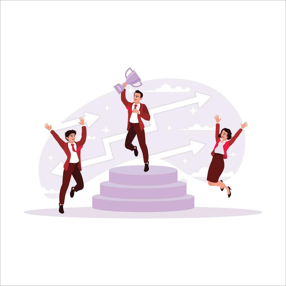 Young businessman holding a trophy and happy employee with leadership achievement. Picture of success in business competition. Trend Modern vector flat illustration.