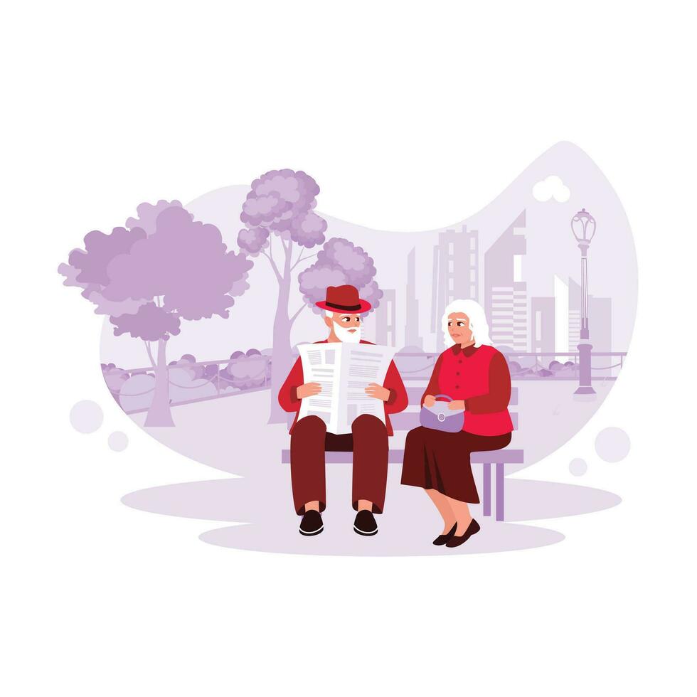 retrato de un mayor Pareja sentado juntos en un parque banco, chateando y leyendo un periódico. tendencia moderno vector plano ilustración.