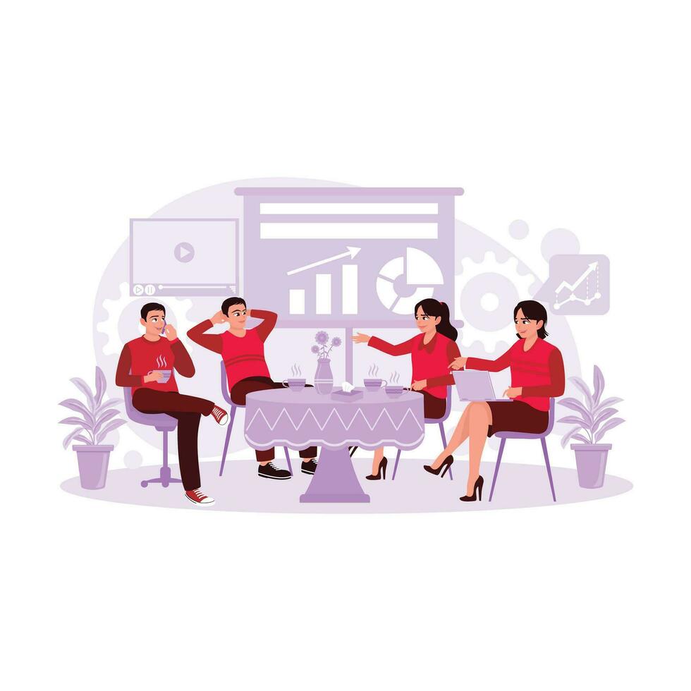 Young team members sat, gathered, discussed, and exchanged ideas at the office table while holding laptops and enjoying hot coffee. Trend Modern vector flat illustration.