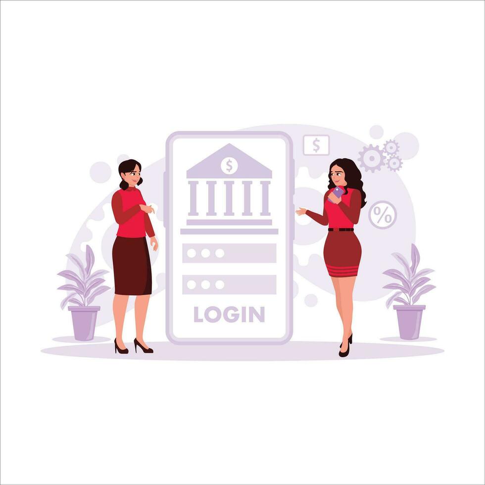 Two young women were standing and looking at a mobile banking application on their smartphones and making online transactions. Trend Modern vector flat illustration.