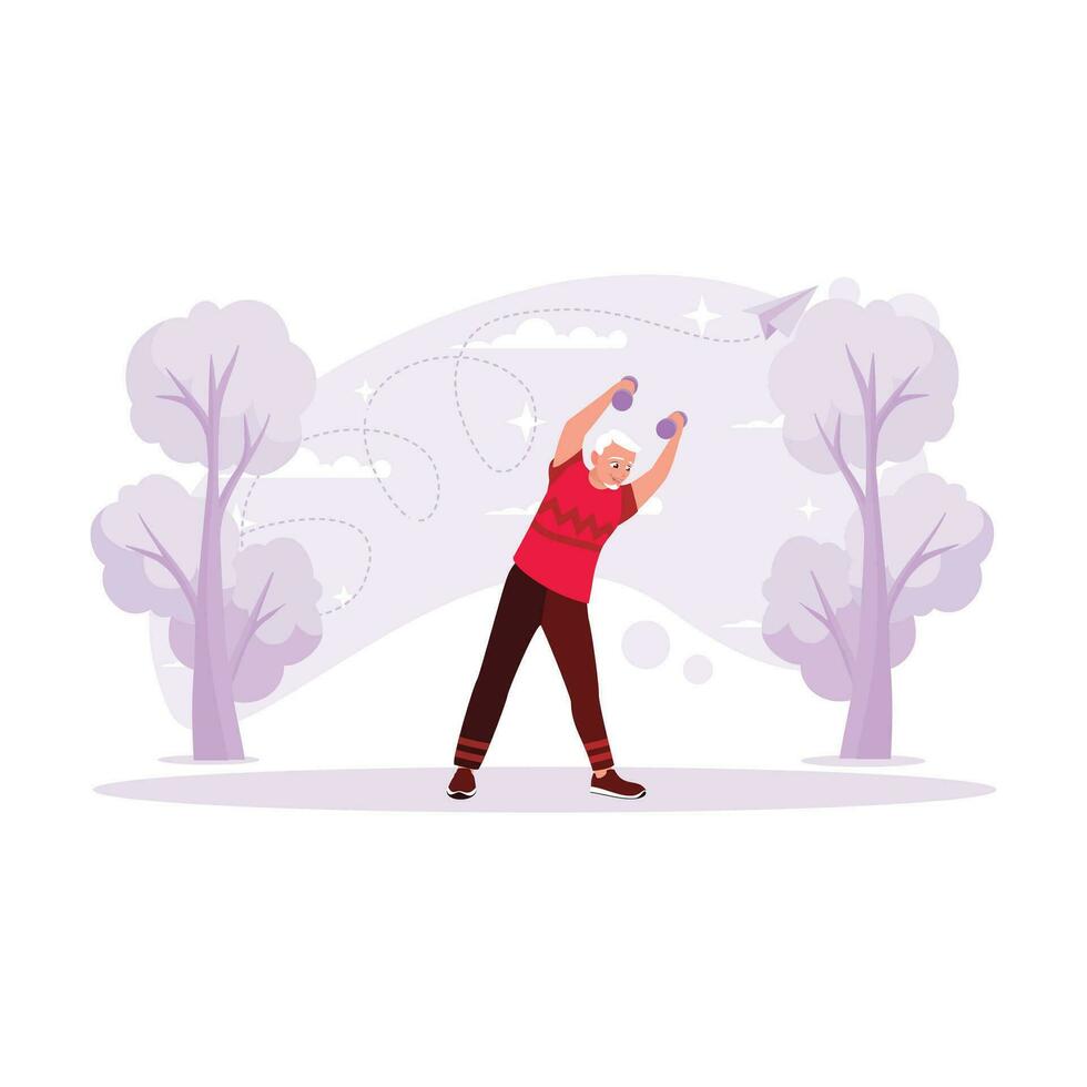 Elderly male sportsman, doing exercise lifting light barber in a sports park. Trend Modern vector flat illustration.