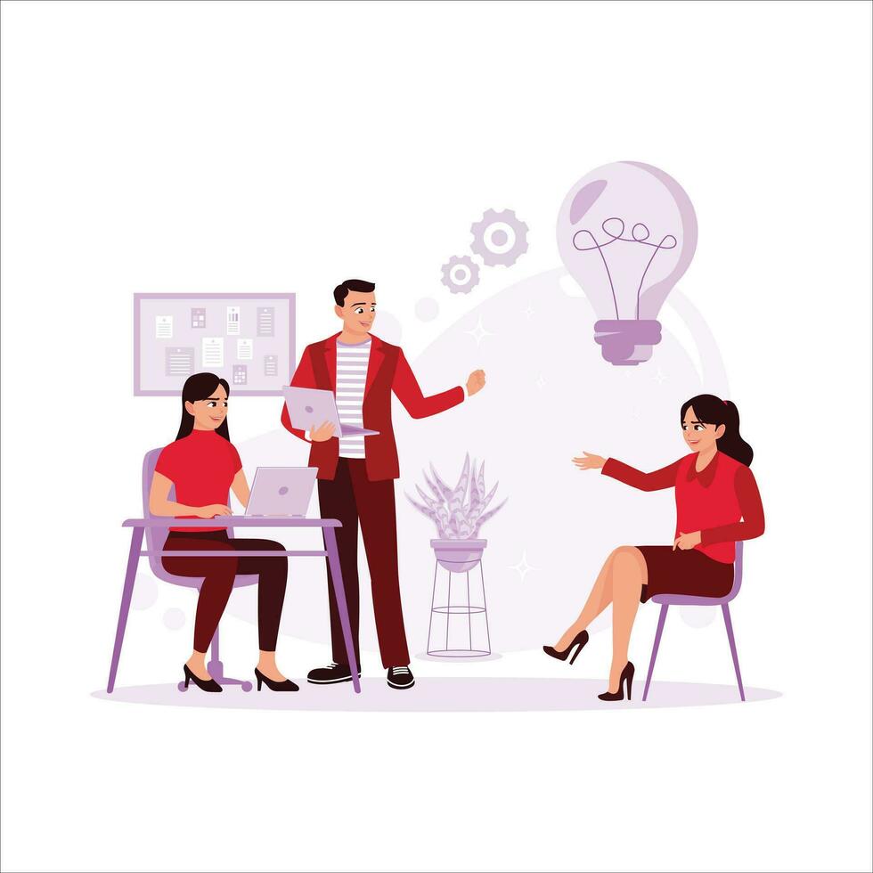 Male employees present their work in front of business partners. Express their ideas in a meeting room with one female colleague and one female business partner. Trend Modern vector flat illustration.