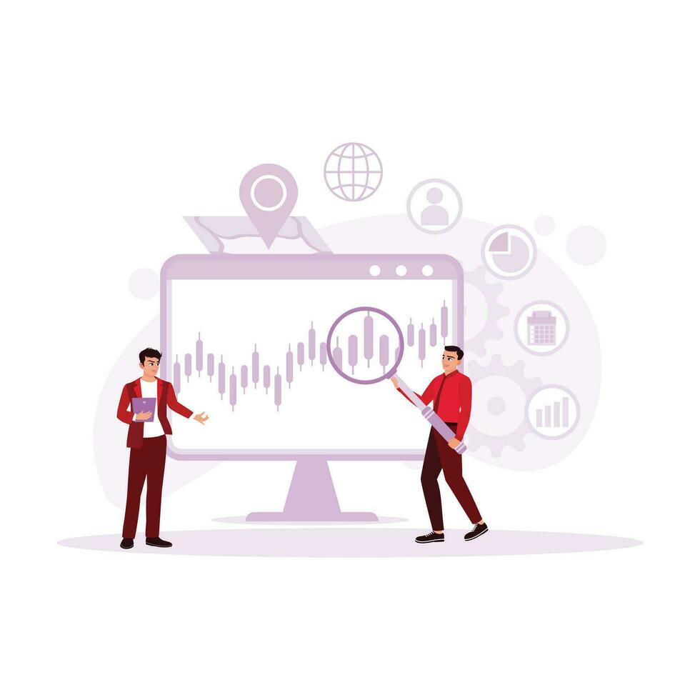 Sales data research with a magnifying glass, conducted by two young businessmen. Financial investment. Trend Modern vector flat illustration.