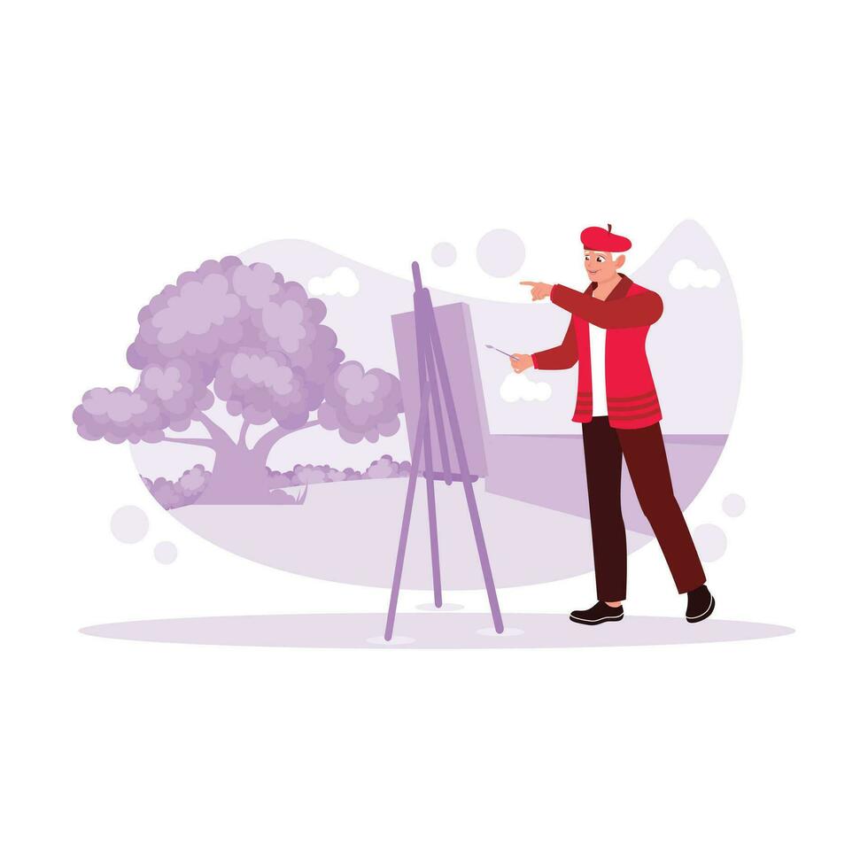 Portrait of a mature man drawing on canvas in the park. Trend Modern vector flat illustration.