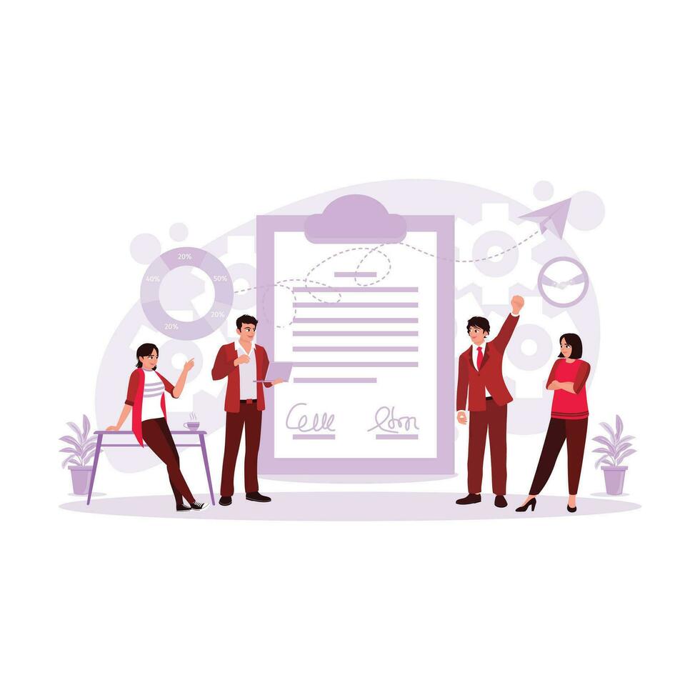 Group of teamwork colleagues having fun and celebrating successful business contract signing in the office. Trend Modern vector flat illustration.