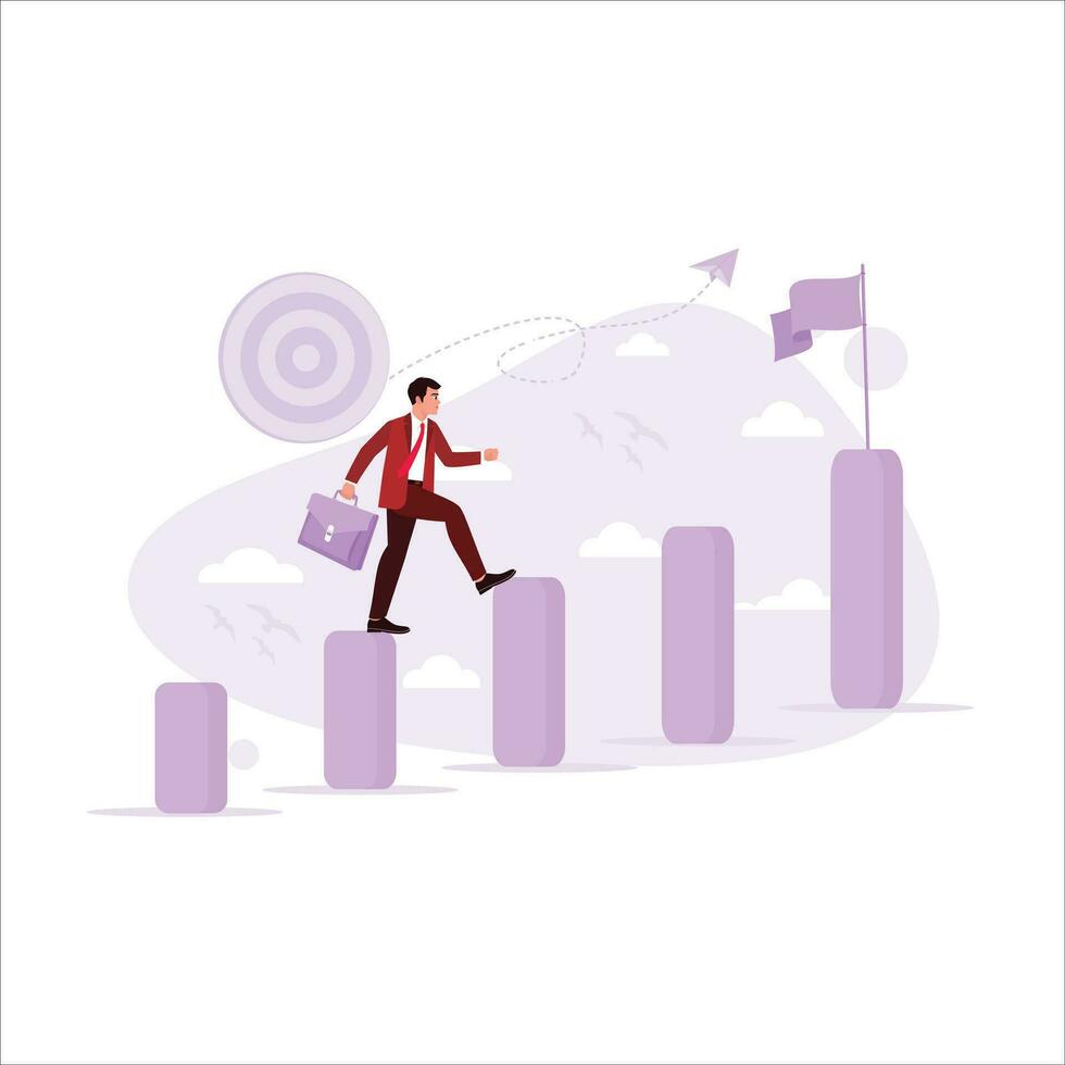 The concept of achievement and career success is depicted with a man climbing a graphic ladder and trying to reach the highest ladder with a flag. Trend Modern vector flat illustration.