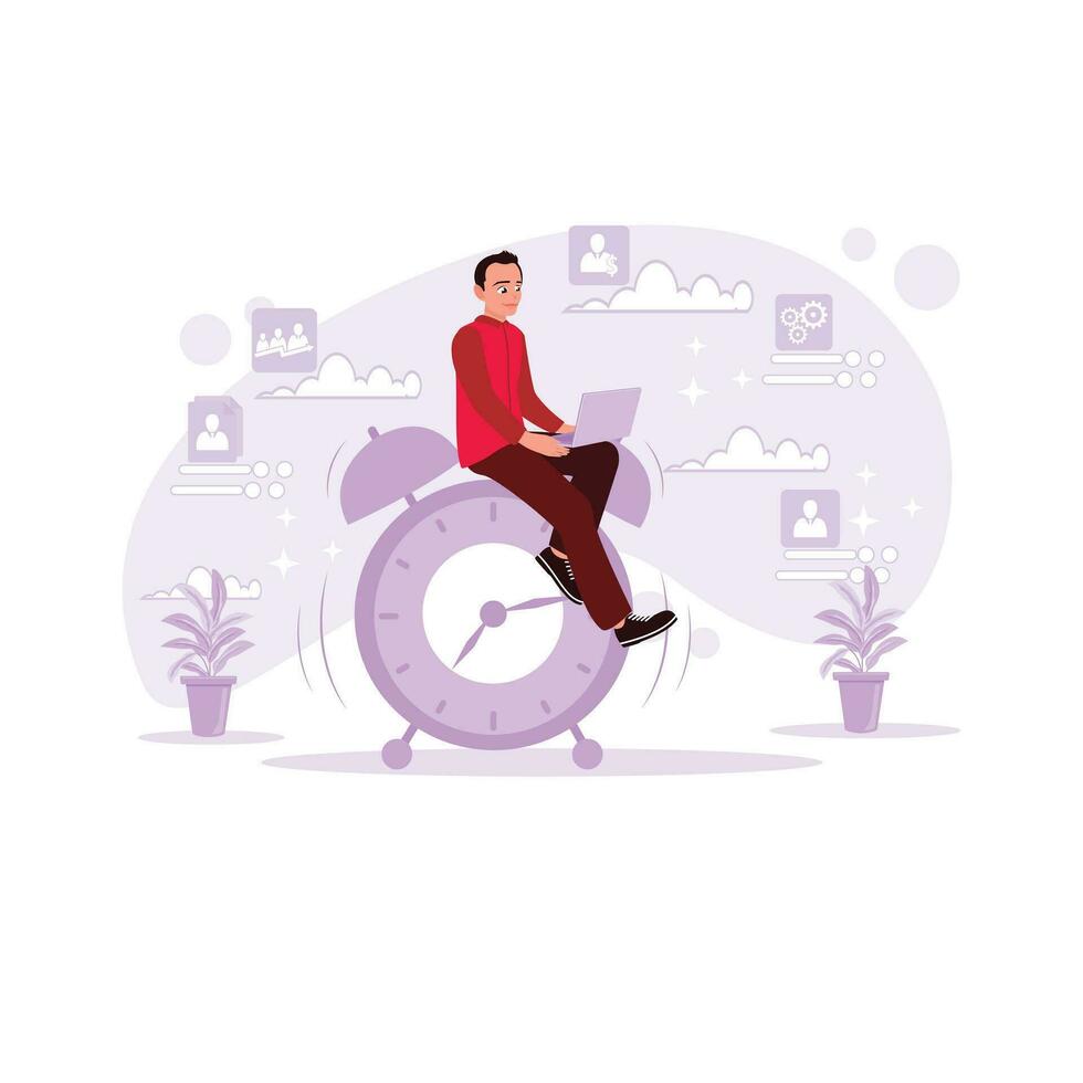 The male employee is working on a laptop, working on a project approaching the deadline, and arranging meetings. Trend Modern vector flat illustration.