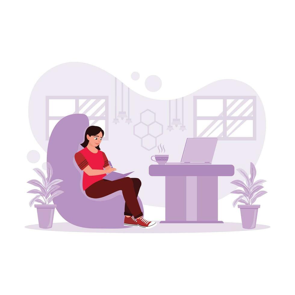 Female freelancer, working casually in the cafe, taking notes with a laptop and hot coffee. Trend Modern vector flat illustration.