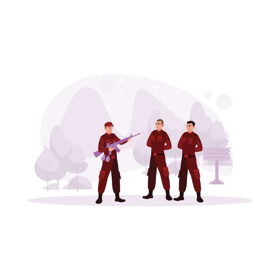 Tres soldados, siguiendo militar maniobras, en contra un sombreado árbol en el fondo, uno que lleva un arma de fuego y dos con un Perfecto descansando actitud. tendencia moderno vector plano ilustración.