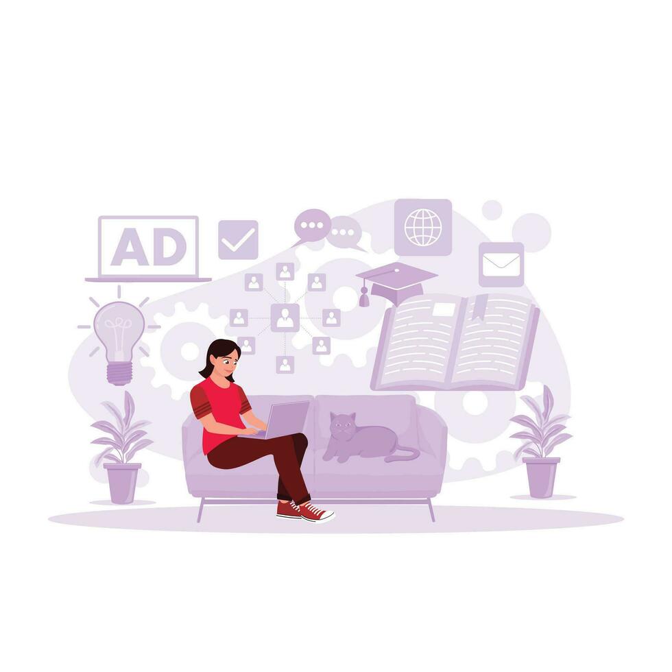 Women sitting relaxed in the living room accompanied by a pet cat, studying with a laptop and taking online courses. Trend Modern vector flat illustration.