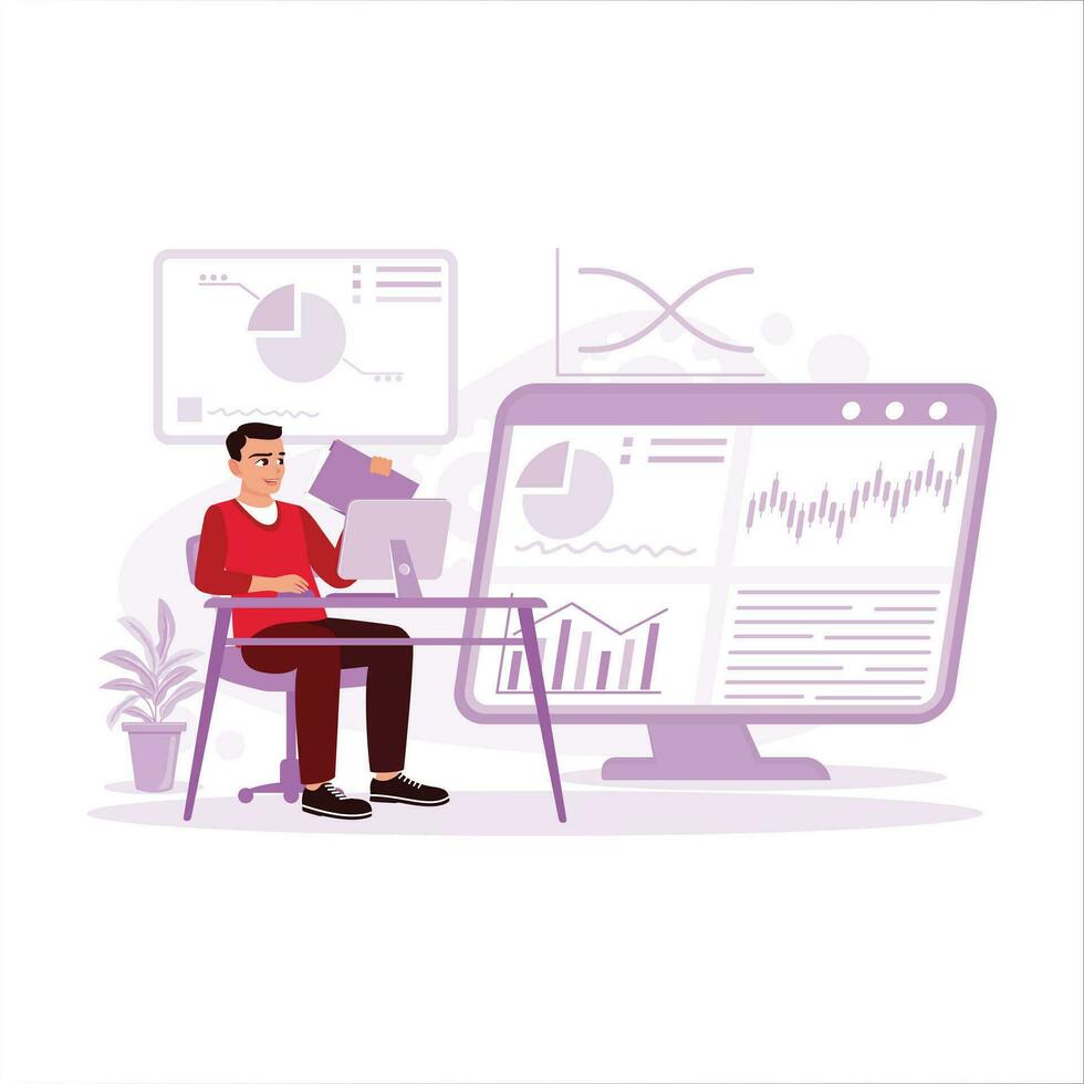 Young male analyst, working in the office with computer analyzing data and documents in hands. Trend Modern vector flat illustration.