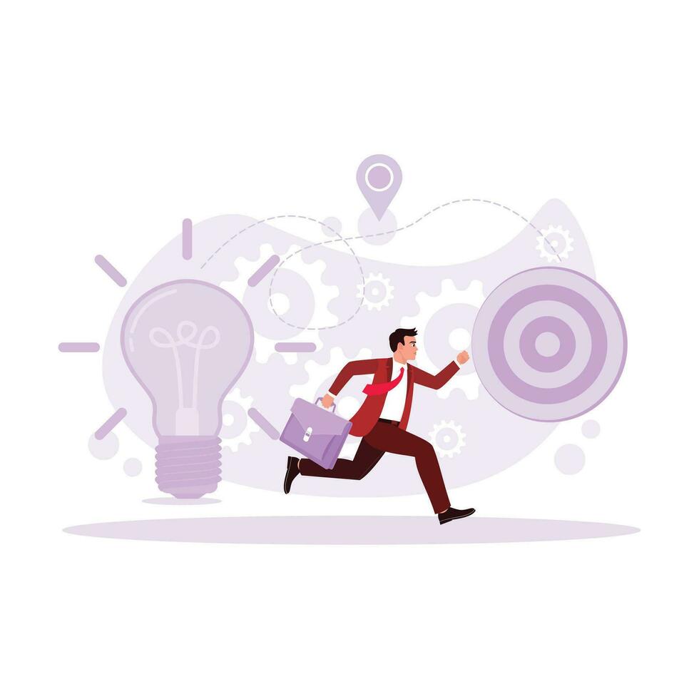 The young man wearing a neat suit and carrying a bag, running enthusiastically, accompanied by lights filled with creative ideas and focused on goals. Trend Modern vector flat illustration.