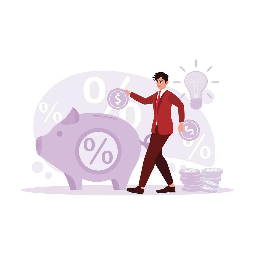 The young man was putting coins in a big piggy bank. Concept of saving money. Trend Modern vector flat illustration.