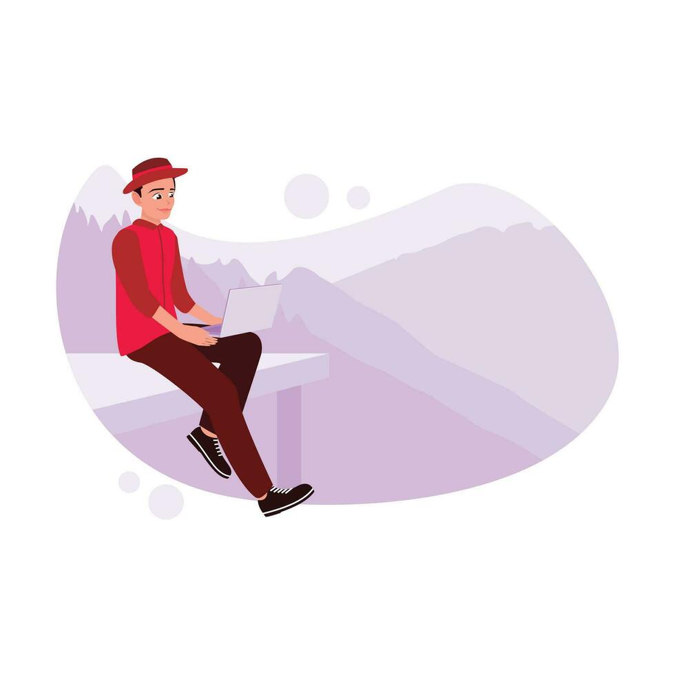 The young male adventurer is wearing a hat, sitting and scribbling on a laptop with a beautiful mountain view. Trend Modern vector flat illustration.