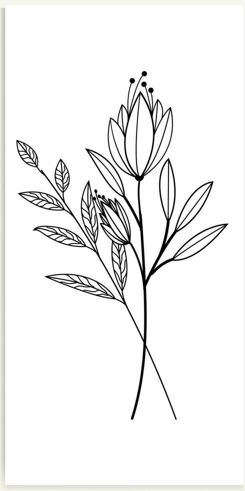 Floral branches and minimalist flowers for logo or tattoo. Hand-drawn line wedding herb, elegant leaves. vector
