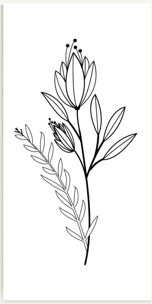 Floral branches and minimalist flowers for logo or tattoo. Hand-drawn line wedding herb, elegant leaves. vector