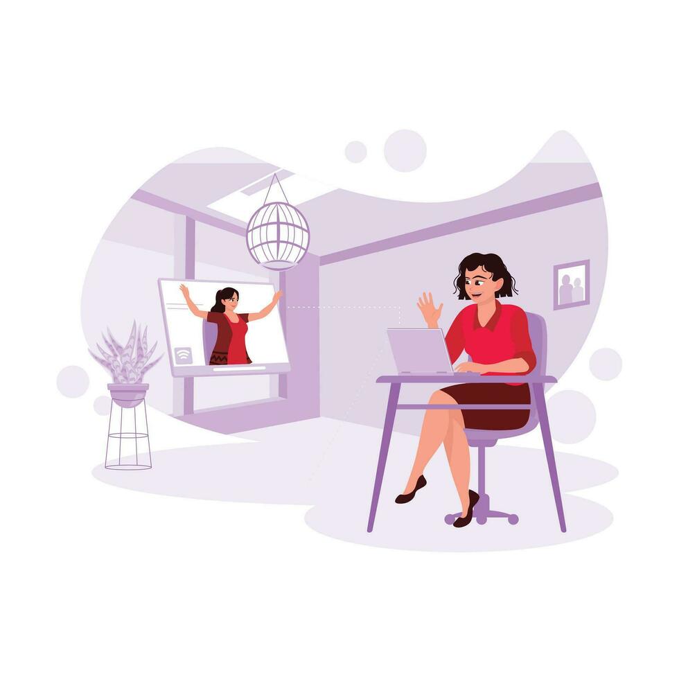 Female students sitting on chairs and having video meetings via laptops, talking happily while waving hands. Trend Modern vector flat illustration.