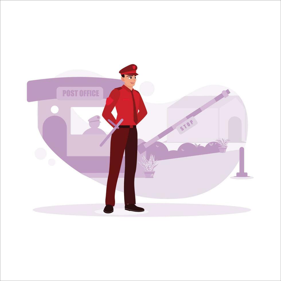 Security guards behaved perfectly in front of the entrance and guard post, ready to maintain security. Trend modern vector flat illustration.