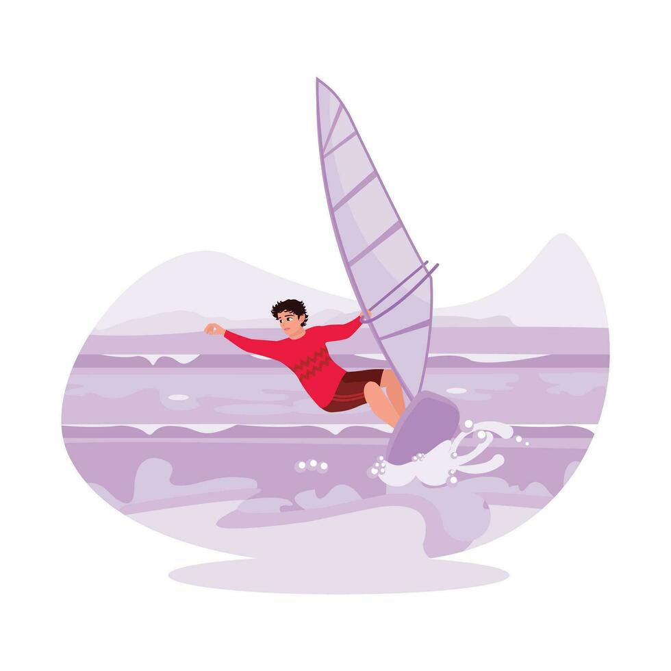 Young male surfer in action on the surf, conquering the waves in the ocean with strong winds. Trend Modern vector flat illustration.