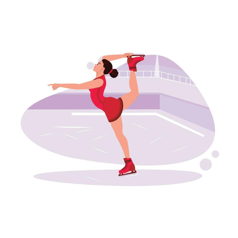 Professional female skaters look stunning on ice in skater competitions. Trend Modern vector flat illustration.