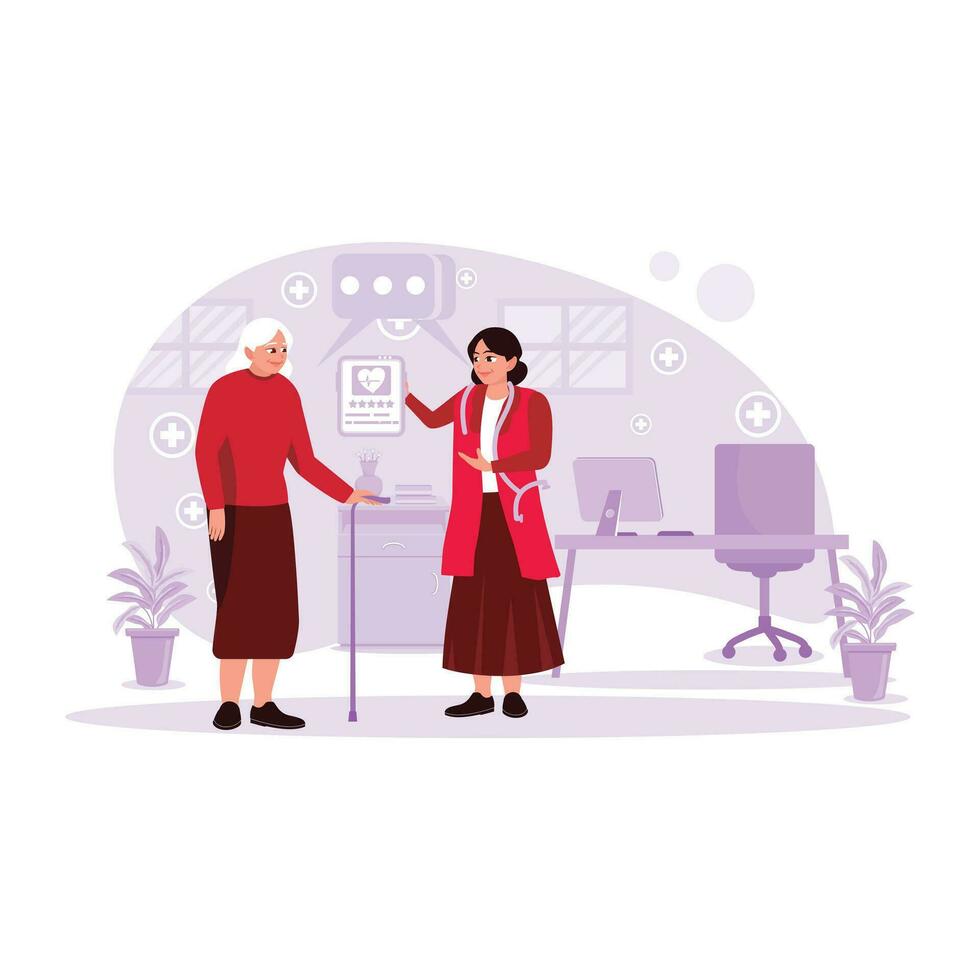 The female doctor talks to an old female patient and explains the patient's condition. Trend Modern vector flat illustration.