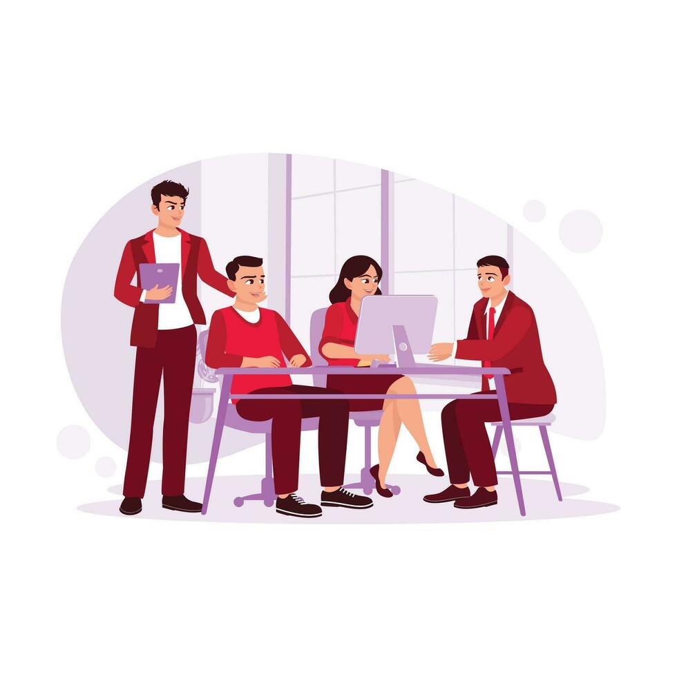 Group of young workers discussing at work about the business project. Trend Modern vector flat illustration.