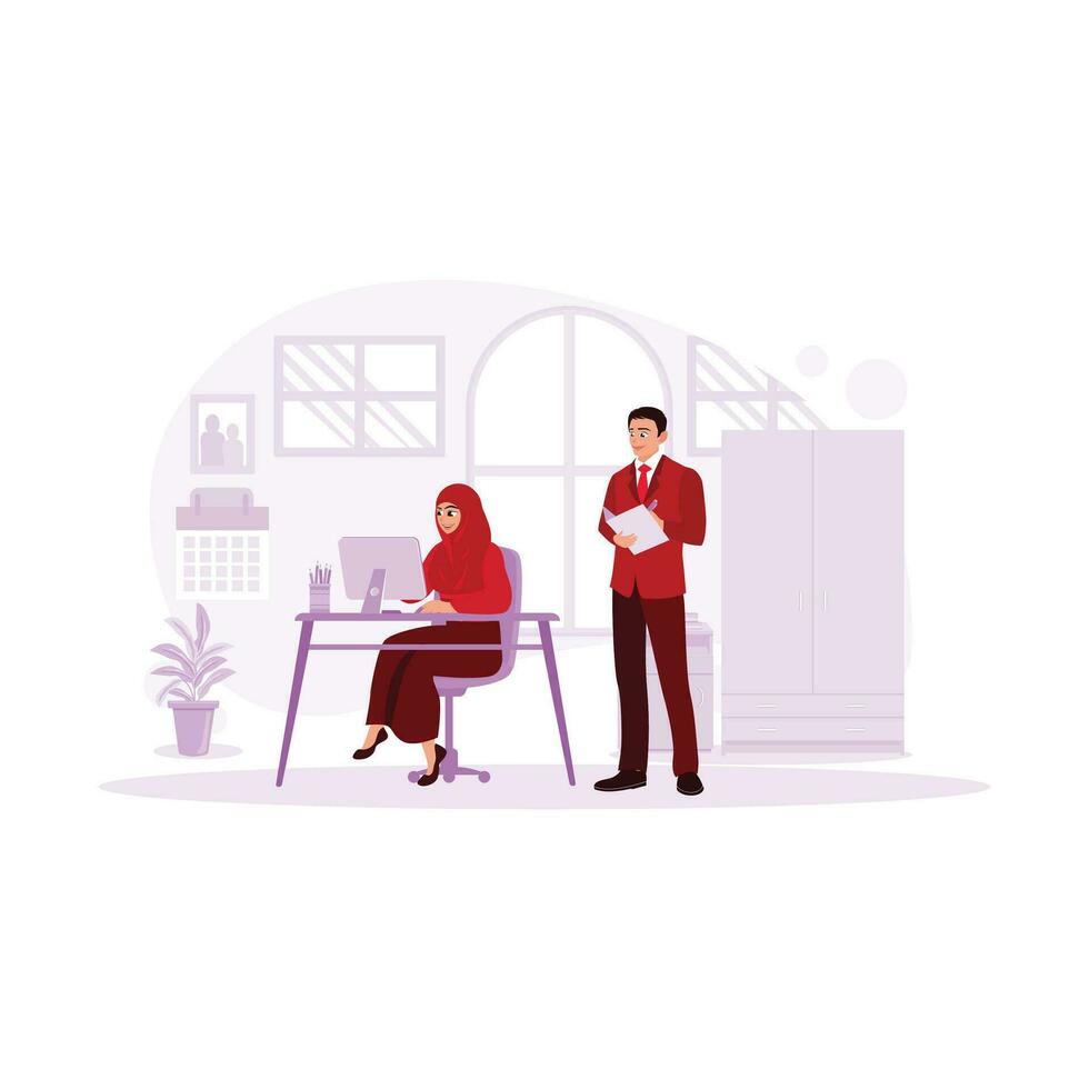 Female Muslim employees are wearing hijabs, and standing male employees. Work professionally in the office. Trend Modern vector flat illustration.