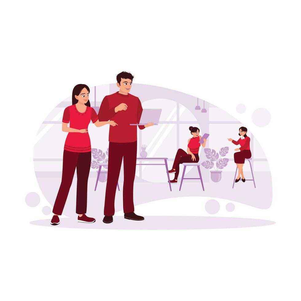 Two male and female co-workers are in an office, discussing a work project via a laptop, and there are two female colleagues sitting and chatting. Trend Modern vector flat illustration.