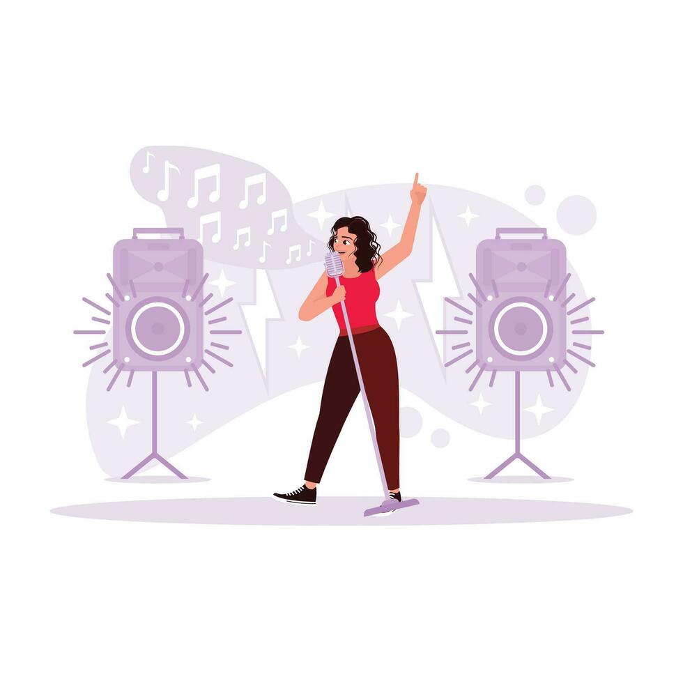 Portrait of a female singer holding a microphone and singing beautifully. Trend Modern vector flat illustration.