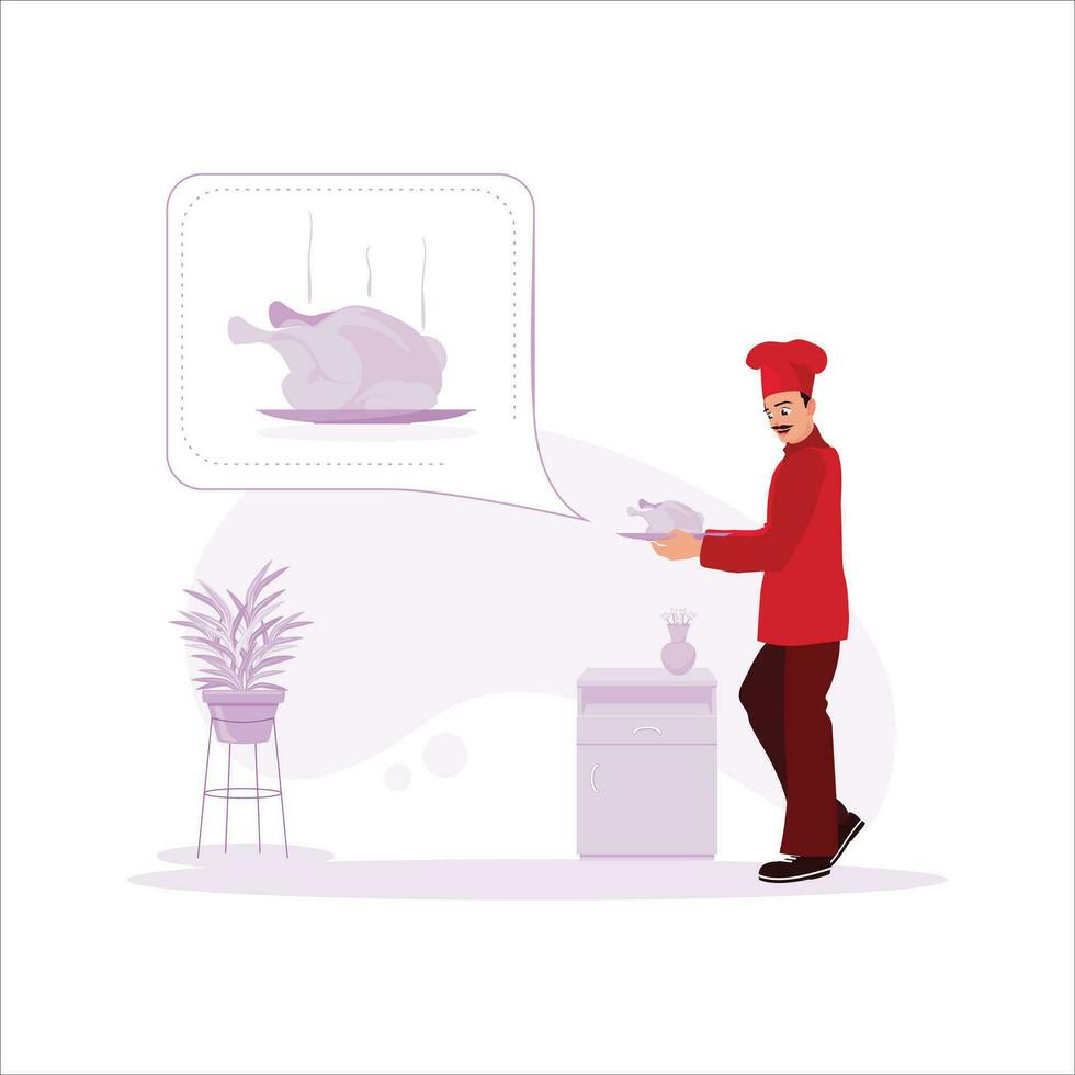 The male chef, complete with his chef's uniform, eagerly serves the meat he has cooked. Trend modern vector flat illustration.