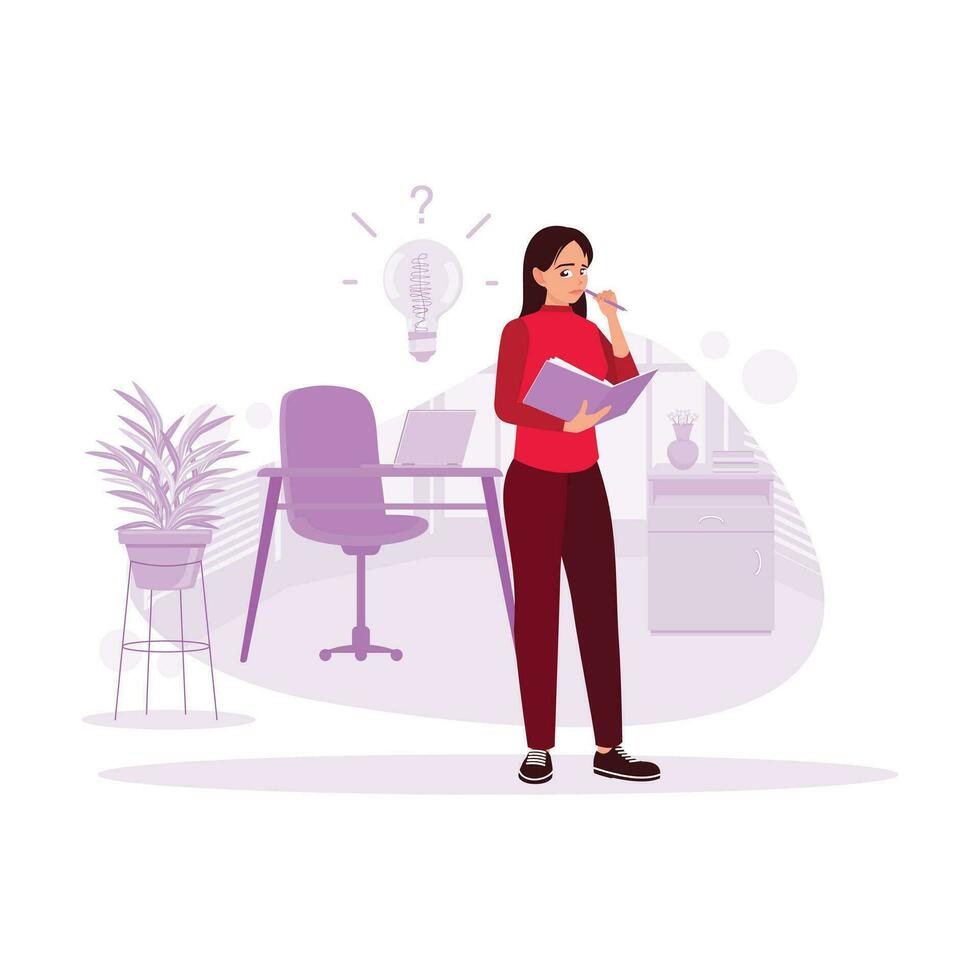 Girl working in an office, carrying a book and pencil, thinking of a brilliant idea and jotting it down in the book. Trend Modern vector flat illustration.