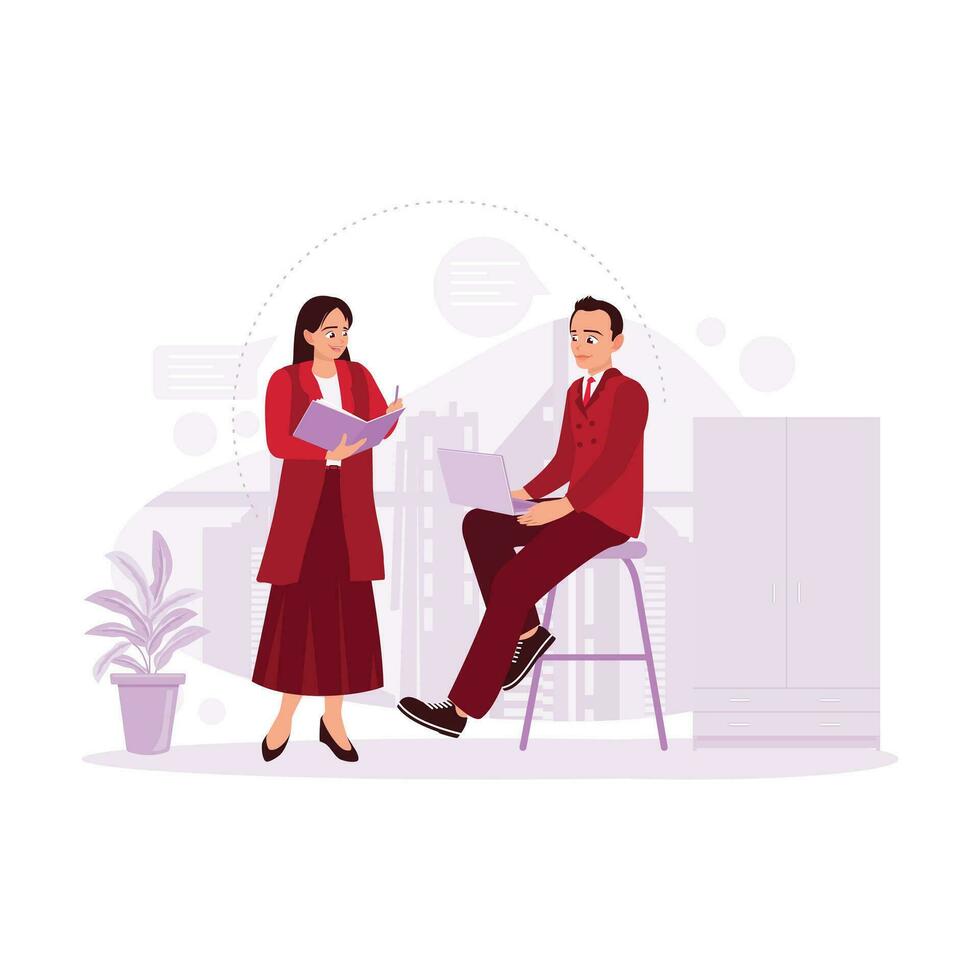 Male and female workers discuss business projects in the office, and female workers take notes on essential things that male workers convey. Trend modern vector flat illustration.