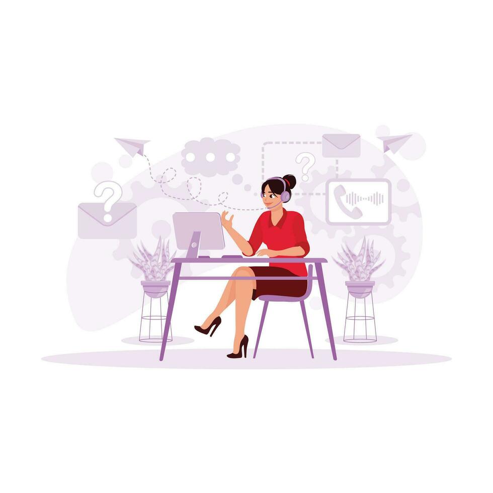 Call center agent, a young woman, working in a friendly manner, using a headset at the office table. Trend Modern vector flat illustration.