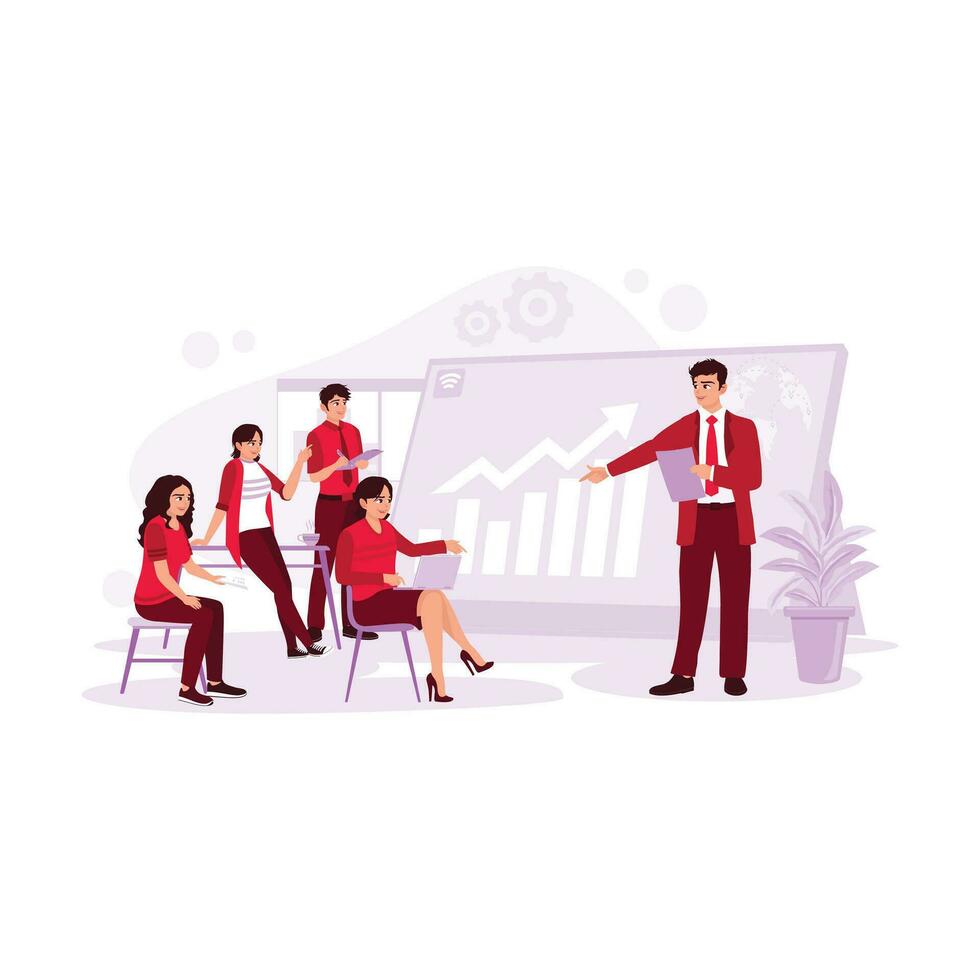 Young manager presenting a project to team employees in a work meeting. Directing and motivating the graph to continue to improve. Trend Modern vector flat illustration.