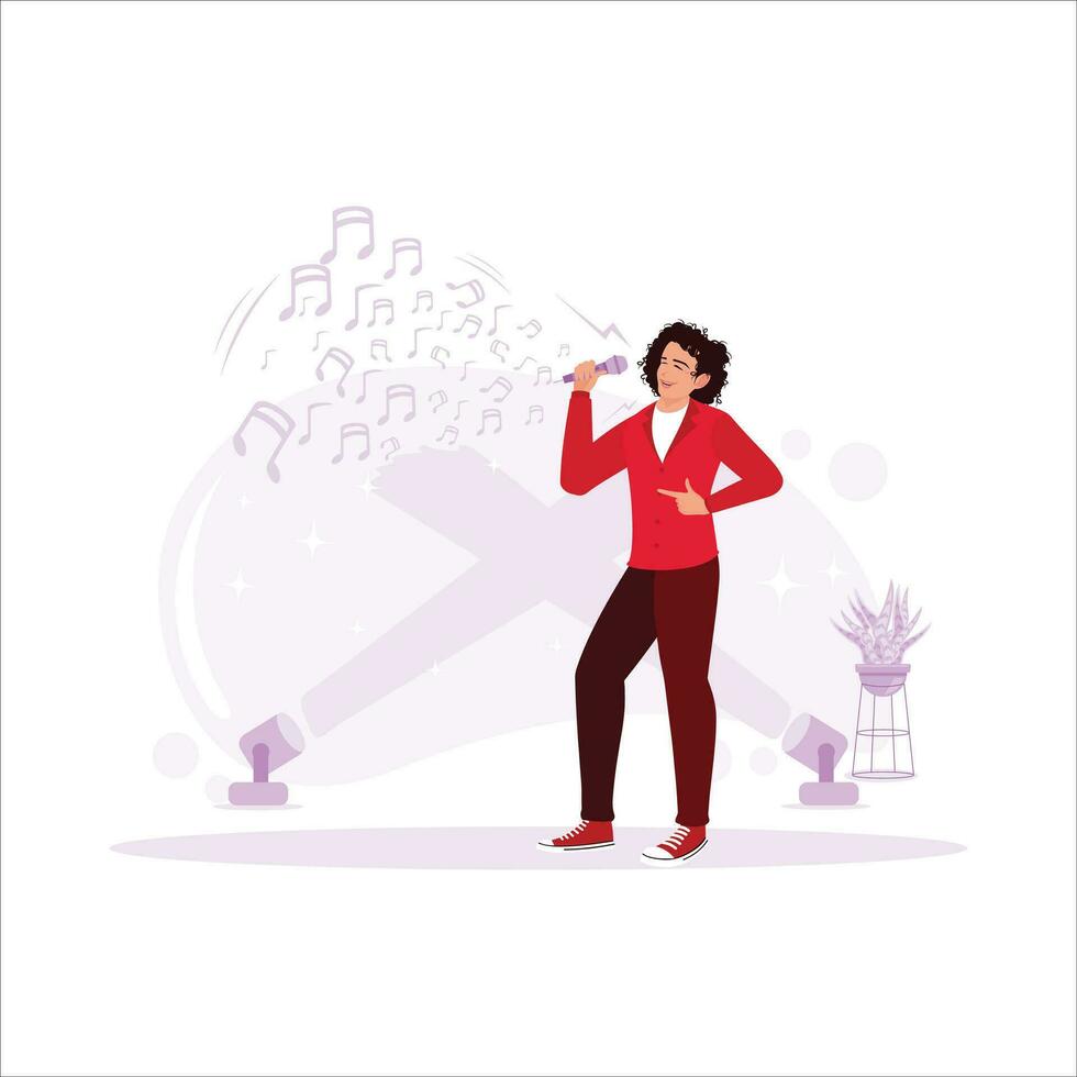 el masculino cantante, apareciendo en escenario, completar con focos, canta un canción. tendencia moderno vector plano ilustración.