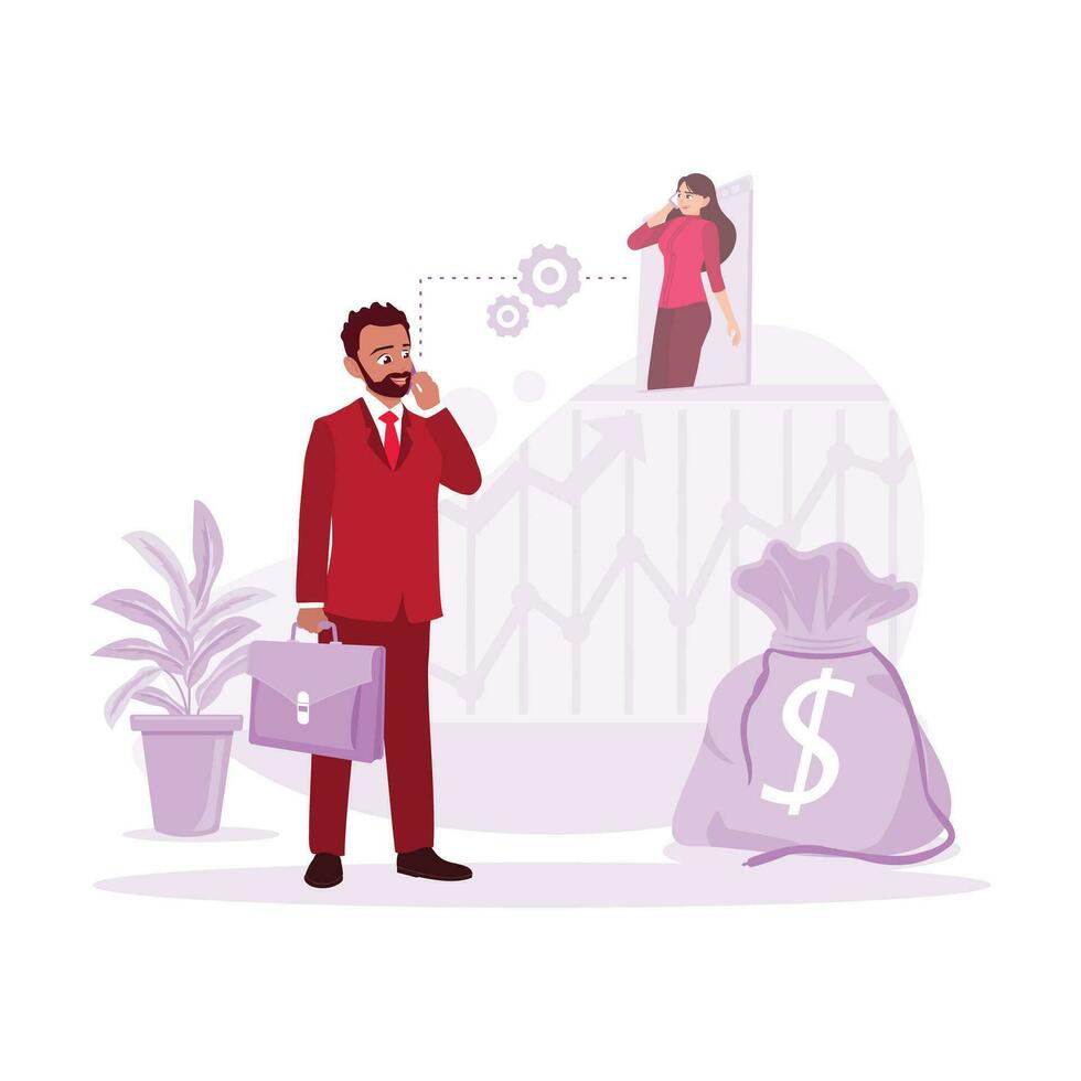 Young businessman, carrying a bag while calling a business colleague, thinking about future projects to make a more significant profit. Trend modern vector flat illustration.