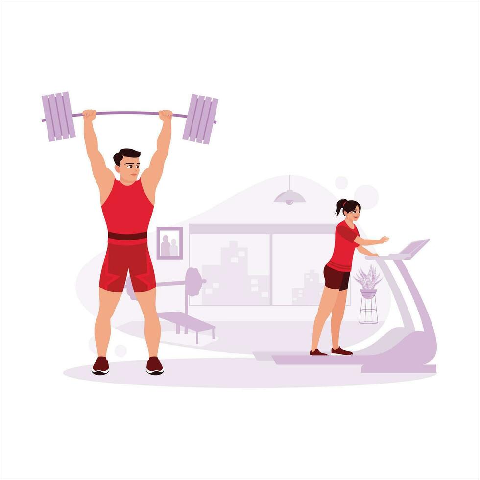 The weight lifter lifts weights confidently, and a woman works a treadmill. Trend Modern vector flat illustration.
