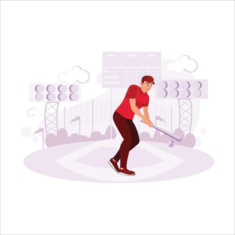 Professional baseball player, ready to bat in a big competition. Trend modern vector flat illustration.