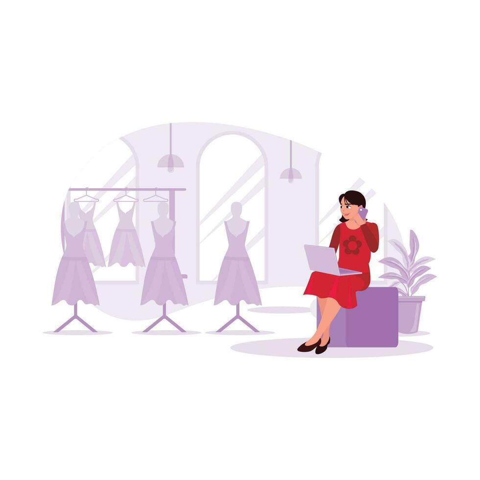 The boutique owner lady was sitting and talking on her cell phone happily inside the counter. Trend Modern vector flat illustration.