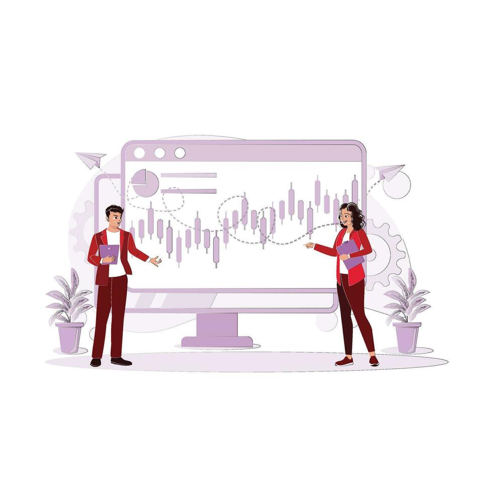 Two young employees presented the business through graphs, charts, and diagrams. Trend Modern vector flat illustration.